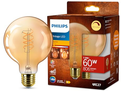 PHILIPS Vintage Amber Spiral G95 Lampe, dimmbar, flimmerfrei, EyeComfort, 806 Lumen, Flame (2200 K), 7.3 W=60 W, E27 Sockel, 1er Pack