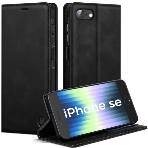AIMOYU Handyhülle für iPhone SE 2022/SE 2020/iPhone 8/iPhone 7 Hülle, Premium Lederhülle Flip Case Magnet Tascher Kartenfach Standfunktion Klapphülle Schutzhülle für iPhone SE-Hülle, Schwarz