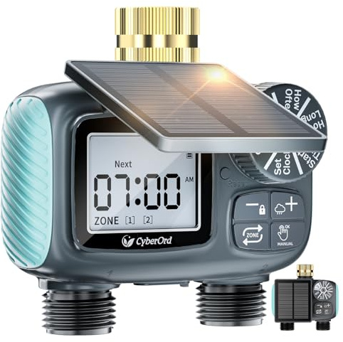 Programador de Riego Solar CyberOrd de 2 Zonas, Temporizador de Riego con Carga Solar, Sistema de Riego Automático con Modos Automático/Manual/Retraso por Lluvia para Césped/Ppatio/Jardín