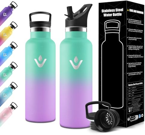 Motswedi Isolerad flaska för barn, 500 ml med sugrör, barnflaska, återanvändbar, termos, läckagesäker flaska, isolerad flaska, för skola, resor, camping, sport, gym, sjögrön och ljuslila