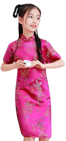 2026 Robes Filles Robe Fille Robe Chinoise Qipao Bébé Nouvel an Vêtements Floral Manches Courtes Cheongsam Enfants Anniversaire Fête Tenues Bikini avec, Rose, 8-10 Ans n1