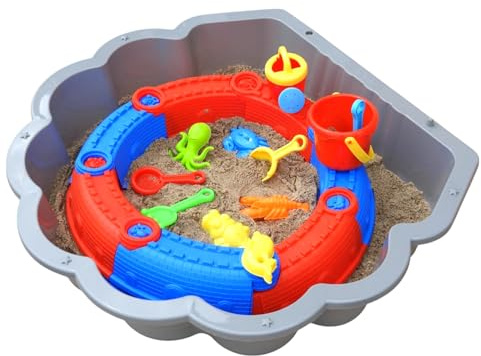 Refugio de arena y agua gris claro, incluye caja de arena redonda y juguete de arena rojo/azul, juego de arena para exteriores para niños de 1 a 6 años, juguete de playa y jardín