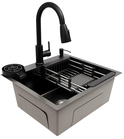 MEHOOSPVN Évier en acier inoxydable 50 x 45 cm - Noir - Avec robinet extensible et chasse à tasses - 1 bac - Évier de cuisine encastrable - Avec tuyau d'évacuation, distributeur de savon, panier à