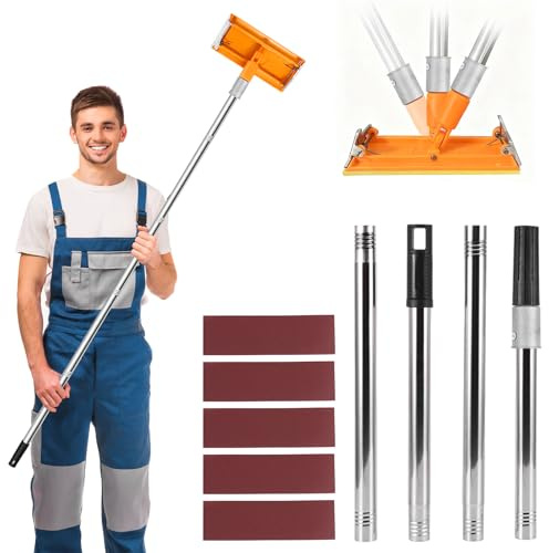 1.2M Pole Sander with Extension Rod, 4-Piece Adjustable Sanding Pole – Wall & Ceiling Sander with 5 Sandpapers, 360-Degree Polishing, 20x9cm Sanding Head for Floor, Wall, Ceiling