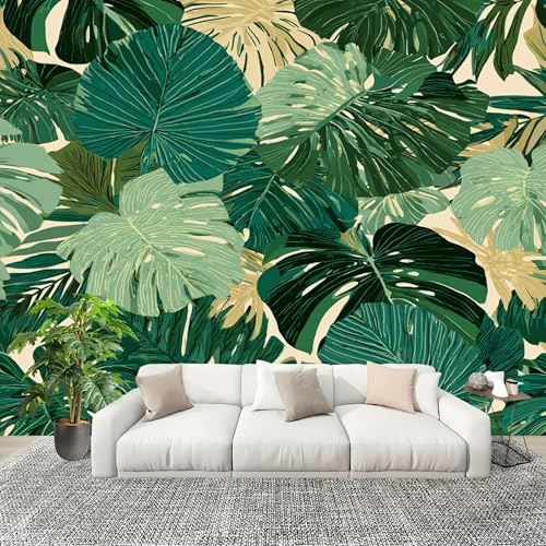 Mural Papel Pintado 3D 300x210 cm Tropical Planta Hojas De Monstera Fotomurales Tejido No Tejido Antiarrugas Póster Verde Murales Fotográfico Moderno Decoración de Paredes