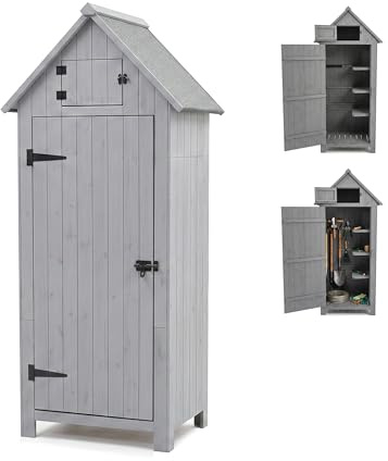 Relaxdays Gartenschrank, Holz, wetterfestes Dach, 3 Einlegeböden, HxBxT: 179 x 77 x 53 cm, Geräteschuppen Garten, grau