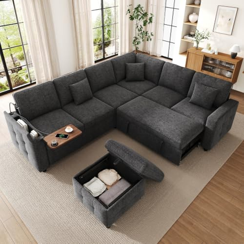 Sapgaks Sofá de esquina convertible de 7 plazas, sofá cama, sofá convertible, lámpara de lectura LED, puerto USB/Type-C, almacenamiento en el apoyabrazos, mesa plegable, portavasos y 3 cojines (Gris)