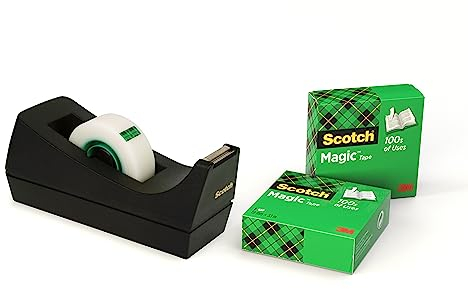 Scotch Dispenser da Tavolo per Nastro Adesivo, Porta Nastro Adesivo con 3 Rotoli di Scotch Magic Trasparente 19 x 33 m, Base Appesantita, Nero