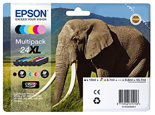 Epson Multipack 24XL Eléphant, Cartouches d'encre d'origine XL Haute capacité, 6 couleurs: Noir, Cyan, Magenta, Jaune, Cyan clair, Magenta clair, XP-55 XP-750 XP-760 XP-850 XP-860 XP-950 XP-960 XP-970