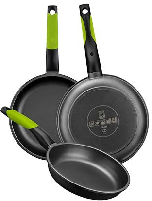 BRA Prior | Set de 3 Sartenes, 20-24-28 cm, Aluminio Fundido Antiadherente, con Dos Salvamanteles Safe Verdes, Aptas para Todo Tipo de Cocinas Incluida Inducción