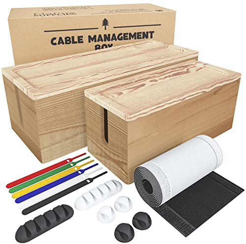 NATURE SUPPLIES Cable Tidy Box Set of Two for TV, Computer, Desk Cable Management with Real Wood Dark Brown Finish, Large and Small Sizes for Power Strip and Wire Storage