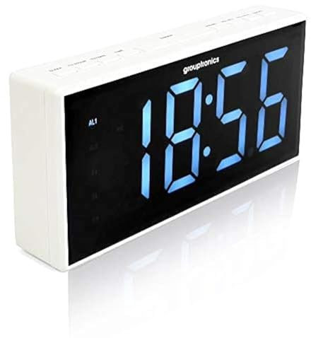 Grouptronics Large Digital Alarm Clock Radio - Mains Powered, 9 Large Display Clock, Bedside or Kitchen, Non Ticking, Dual Alarm, Brightness Control, Battery Back-Up - White