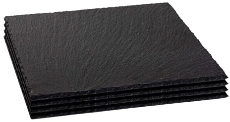 Argon Tableware Slate Serving Platter - Square - 33cm - Pack of 4 - Black Natural Slate Rustic Raw Cut Serving Platter Fruit Savoury Placemat Cheese Board with Soft Padded Feet