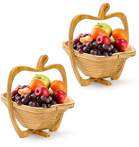VR7 Faltbar Apple-Shaped Korb : 30 x 27 X 22.5 CM Packung 2 Faltbar Bambus Obstschale Halter Korb Und Schneidebrett Holz Obstschale mit Einem Apple-Design, Naturbraun