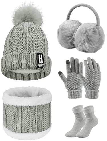 Voqeen Wintermütze Mütze Schal Handschuhe Set Damen Fleecefutter Strickmütze mit Pompon Touchscreen Handschuhe Weiche Wärmer Winter Ohrenschützer Socken Geschenke 5 Sets für Frauen