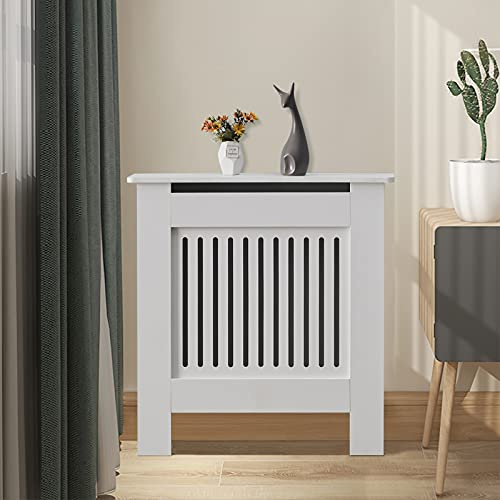 CLIPOP White Radiator Cover Modern Painted Vertical Style Slats MDF Living Room Cabinet, Radiator Shelve for Living Room Bedroom Furniture (Small)