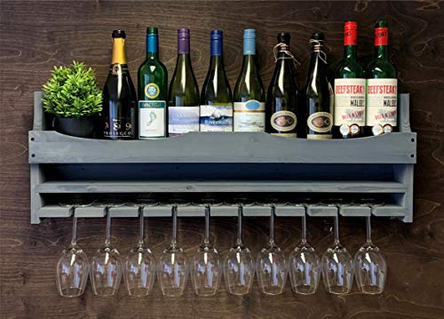 Large Rustic Slate Grey Wooden Wine Bottle Holder and 10 Glass Wall Mounted Display (10GR)(EL)