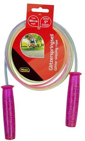 Idena 40198 - Cuerda de saltar con asas brillantes para niños, colores variados, longitud 1,9 m, para deportes de ocio, juegos de movimiento y varios trucos