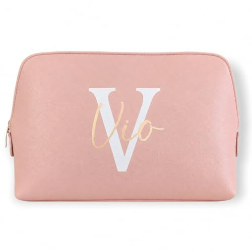 Kosmetiktasche personalisiert Initial + Name, Schminktasche, Kulturtasche für Damen, Handtasche, Geschenk Frauen, Schminke Beauty Make-Up (groß, rosa)