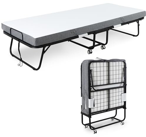HOMCOM Folding Bed with 10cm Mattress, Portable Foldable Guest Bed with Sturdy Metal Frame on Wheels