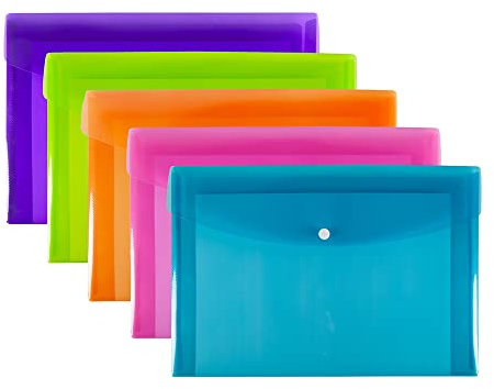 SUMMIT A4+ Heavy Duty Plastic Popper Wallets, Assorted Colours, Document Folders, Pack of 5