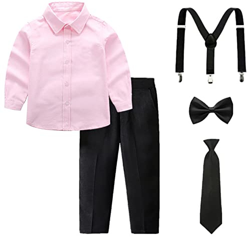 amropi Garçon Ensemble Vêtements Manches Longues Noeud Papillon Chemises Bretelles Pantalons Rose Noir, 3-4 Ans