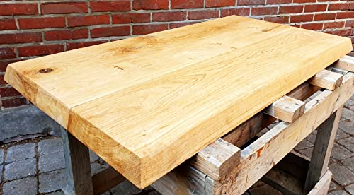 Massive Eichenplatte aus Deutscher Eiche handgefertigte Tischplatte Regalbrett wasserfest behandelt für Esstisch Couchtisch Theke (Baumkante, 120cm x 60cm x 4cm, geschliffen)