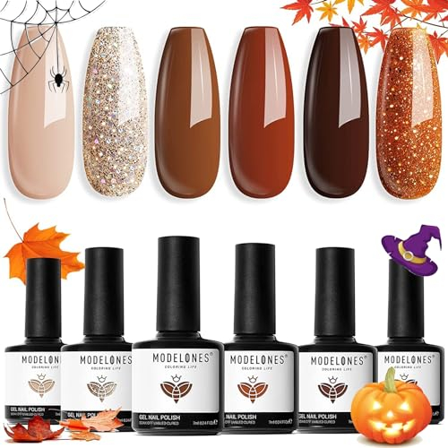Modelones Smalto Semipermanente Unghie Autunno Marrone Arancione Nude Glitter 6 Colori Smalti Semipermanenti per Unghie, Soak-Off UV Gel per Nail Art Smalto Gel Professionali Kit