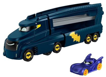 Fisher-Price DC Batwheels - Bat-Autotreno, playset Autotreno con rampa e veicolo Bam Batmobile in scala 1:55 incluso, può contenere 7 macchinine die-cast, giocattolo per bambini, 3+ anni, HMX07