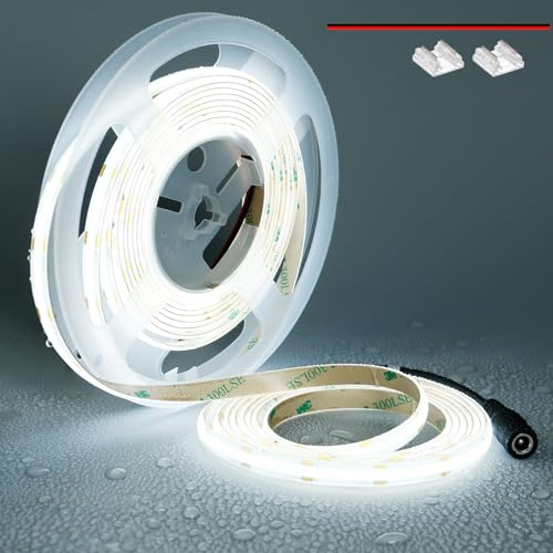 TOPAI 12V COB LED Streifen 5M 4000K Kaltweiß IP65 Wasserdicht | 4000Lm Dimmbar, CRI 90+, 480 LEDs/M, Selbstklebend Schneidbar für Schlafzimmer, Küche, Bad und Außenbereich