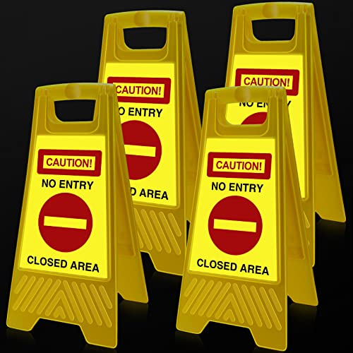 4 Pcs Reflective No Entry Sign Two Sided 24 Inch Portable Handle Standing Floor Closed Area Caution Warning Sign for Indoor Outdoor Commercial Street Public Areas