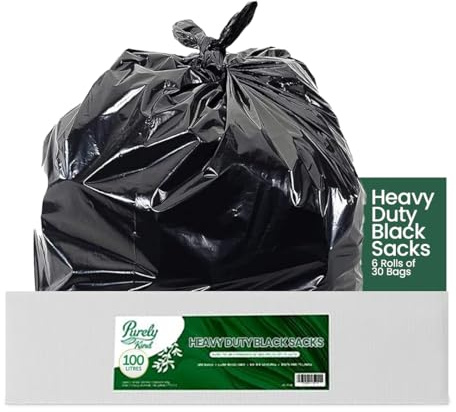 Blake and White Purely Kind - Bolsas negras resistentes, 100 L, caja de 180 unidades, 6 rollos de 30 unidades