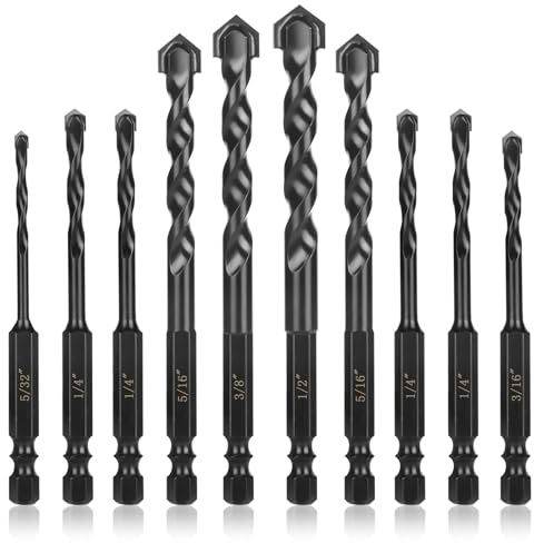 HPHOPE 10Pcs Masonry Drill Bits Set - Concrete Drill Bit Set for Tile, Brick, Glass, Plastic and Wood, Tungsten Carbide Tip Work with Ceramic Tile, Wall Mirror, Paver on Concrete or Brick Wall