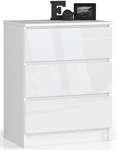 BDW Commode Brillante K60 avec 3 Tiroirs pour Chambre à Coucher, Salon, Salle de Bain, Bureau - Design Moderne - Meuble de Rangement Beaucoup d'Espace - 60 x 77 x 40 cm - Blanc