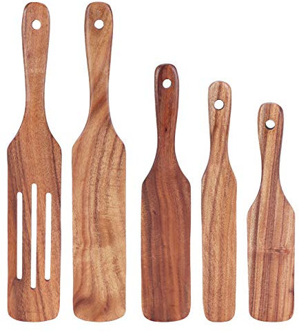 5pcs Spatules De Cuisine, Kit D'ustensiles De Cuisine En Bois De Teck Sans Bâton Spatule En Bois Pour Accessoires De Cuisine