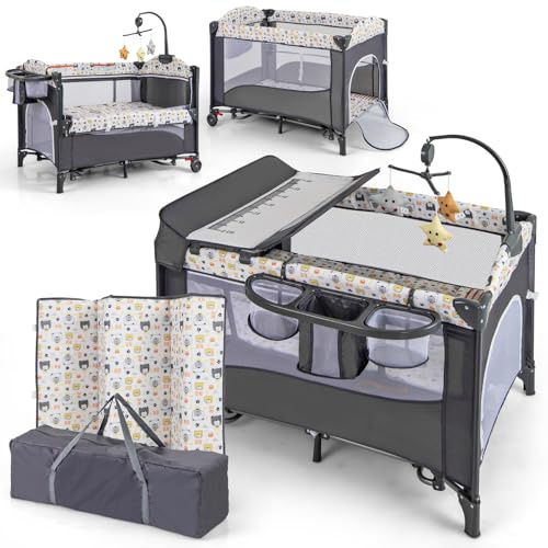 COSTWAY 5 in 1 Babybett, Reisebett Baby mit Matratze, Beistellbett höhenverstellbar mit Wickeltisch, Sicherheitsgurt, Spieluhr & Hängespielzeug, Stubenwagen Babywiege mit Rollen für Kleinkinder, Grau