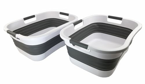 SAMMART 30L zusammenklappbarer Kunststoff-Wäschekorb – faltbarer Pop-Up-Aufbewahrungsbehälter/Organizer – tragbare Waschwanne – platzsparender Korb/Korb (2, Weiß/Stahlgrau)