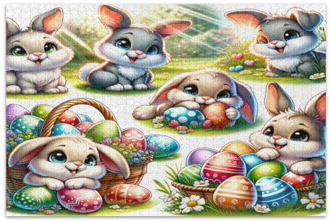 Niedliche Cartoon-Osterhasen und Eier 1000 Teile Puzzles für Erwachsene, lustiges Puzzle, tolle Geschenkidee für Feiertage, fertige Größe 29,5 x 19,7 Zoll