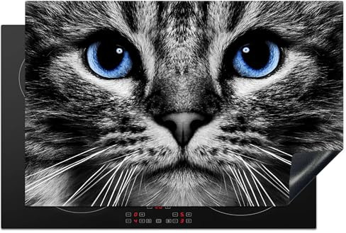 KitchenYeah© Protège Plaque Induction Deco Cuisine Accessoire Pratique | 81x52 cm - Protection De Vitroceramique Kitchen Gadget Chat - Noir - Blanc - Yeux - Bleu