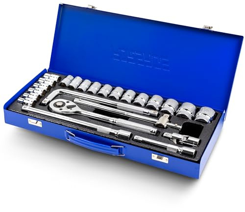 FORSAGE Jeu de 24 douilles 1/2 – Coffret à cliquet 6 pans avec douilles 8-32 mm, cliquet, poignée coulissante en T, clé en L, rallonges 125/250 mm, joint de cardan dans coffret en métal pour voiture