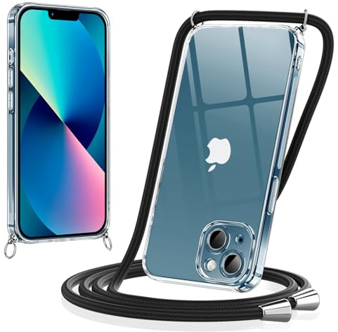 Coiwxmoi Coque pour iPhone 13 avec Cordon 6,1, Collier Réglable Téléphone Étui de Protection Ultra Mince Transparente Silicone TPU Antichoc Anti-Rayures Bumper Lanyard Case pour iPhone 13, Noir