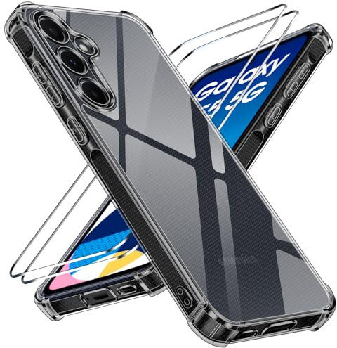 ivoler Nie Vergilbung Klar Hülle für Samsung Galaxy A55 5G mit Stoßfest Schutzecken, 1 Handyhülle mit 2 Stück Panzer Schutz Glas, Transparent Schutzhülle Dünn Durchsichtige Case (Schwarz)