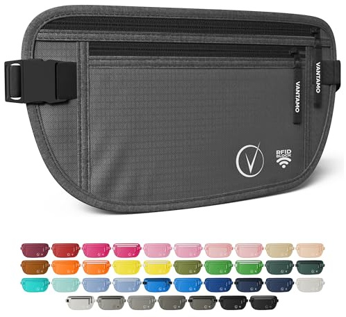 Vantamo Bum Bag with RFID, Ultra-Thin Money Belts for Travel Hidden Men, 2 Compartment Fanny Pack for Women Fits Passport & Phone to Protect Valuables, Waist Bag for Traveling, Hiking & Walks