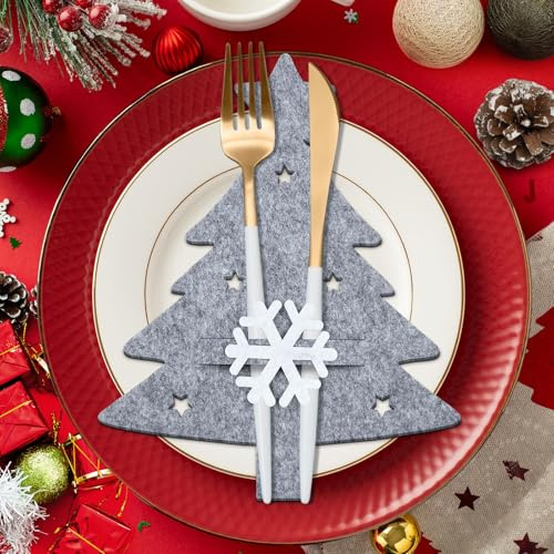 FUKPO 12 Stück Bestecktasche Weihnachten Filz Grau, Besteckhalter Weihnachten Tischdeko Weihnachten Grau Weihnachtsbaum Schneeflocke Stern, Weihnachtstisch Deko Set Weihnachts Tischdeko