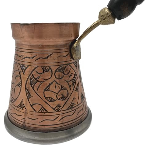 Kaffeekanne- Cezve aus Kupfer mit Holzgriff für fein gemahlene Kaffee, handgemacht graviert für 6 Personen