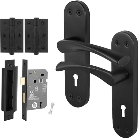 EAI Matt Black Door Handles with Sash Lock 64mm and Hinges - Novoli | Complete Sash Lock Kit with 1 Pair of T-Bar Lever on Backplate Door Handles, 64mm Sash Lock, 76mm Hinges, Fixings Included