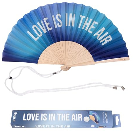 Fisura – Abanico Original con Mensaje Have Fun”. Abanico de Madera Moderno y Colorido. Ventilador de Mano de Purpurina Rosa. Colgador Incluido. (Love, degradado azul)