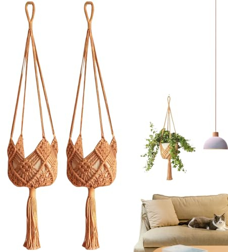 Genérico Set di 2 appendini per piante in corda intrecciata, decorazione bohémien moderna per soffitto, vasi da fiori appesi per interni ed esterni