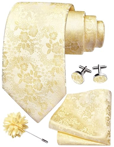 Gusleson Light Yellow Tie for Men Wedding Silk Floral Necktie Pocket Square Cufflinks and Lapel Pin Brooch Set (UK6107-42)