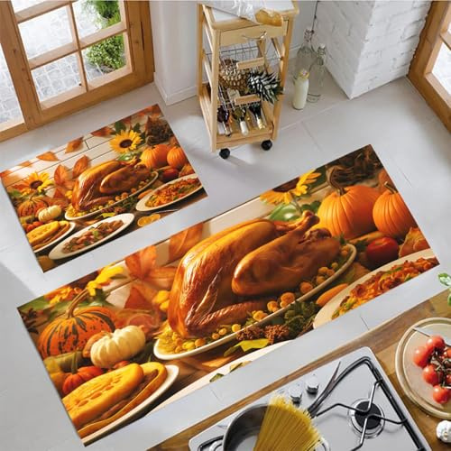 Cena A Base Di Tacchino Tappeti Da Cucina Set Di 2 Tappeti Stuoie Per Illustrazione Di Cibo Set Di Tappetini Per Corridoio Lavabili Antiscivolo Tappetini Per Ingresso, Arancione, 40X60+40X120Cm